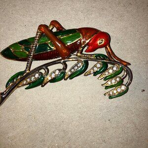 ROBERTA BARNES Boucher Inspired Re-Cast Grasshopper Enamel Rhinestone Pin Brooch